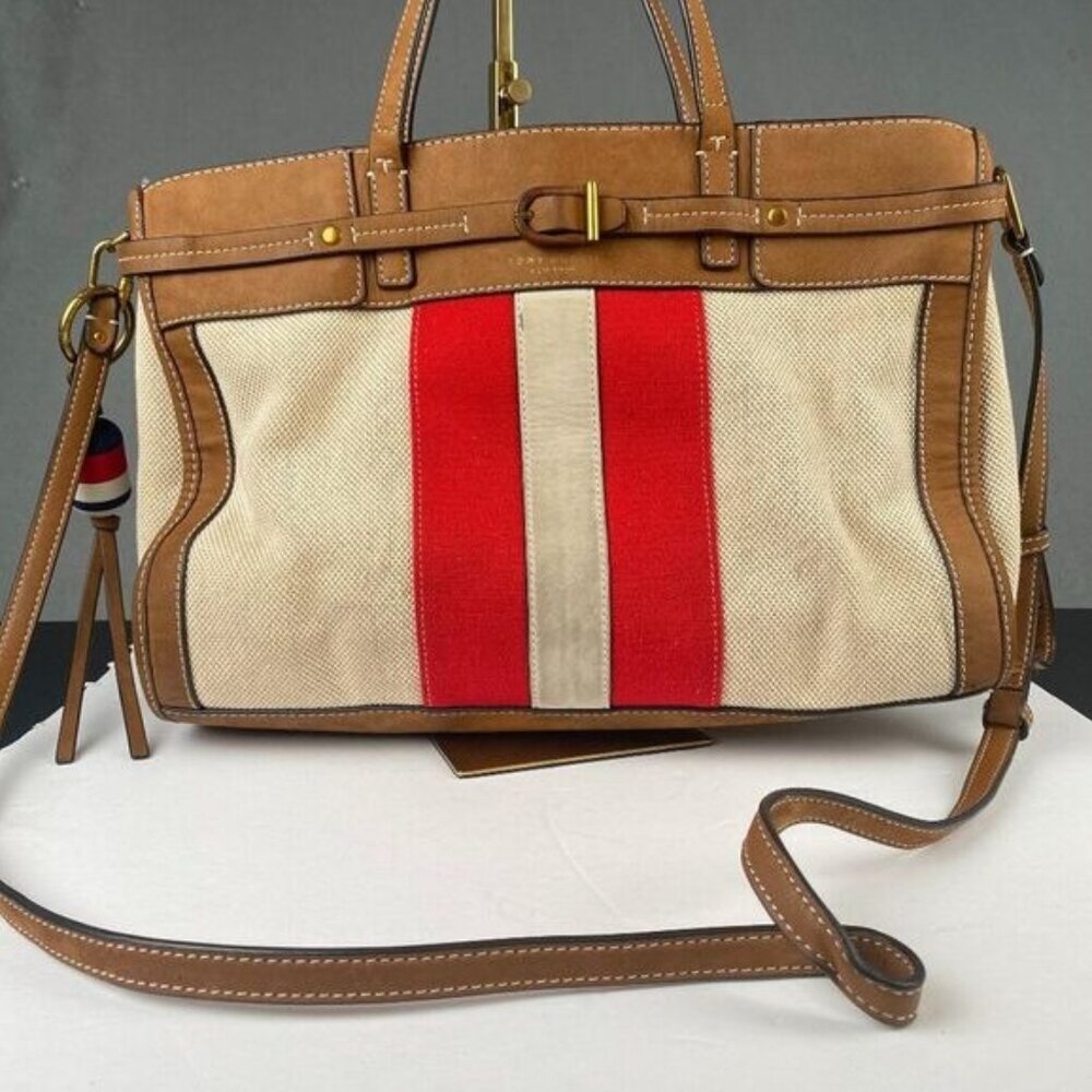 Tory Burch Maritime Nautical Handbag Crossbody Canvas Leather Red Tan Stripe